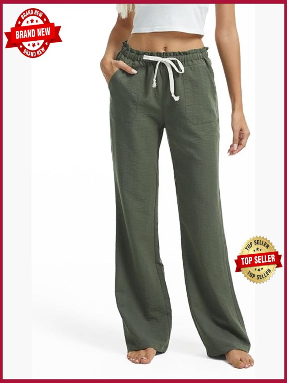 Casual Linen Pants for Tall Women 30-36 Inseam Smocked Waist Pockets